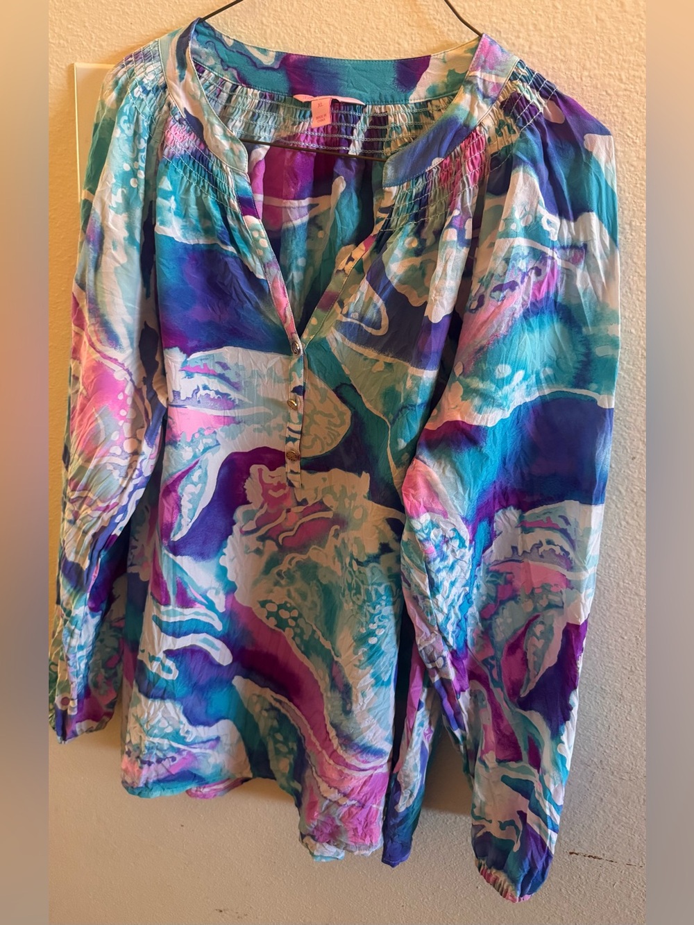 Lilly Pulitzer Multicolor Watercolor Print SILK Blouse in Teal & Pink 3/4 slv